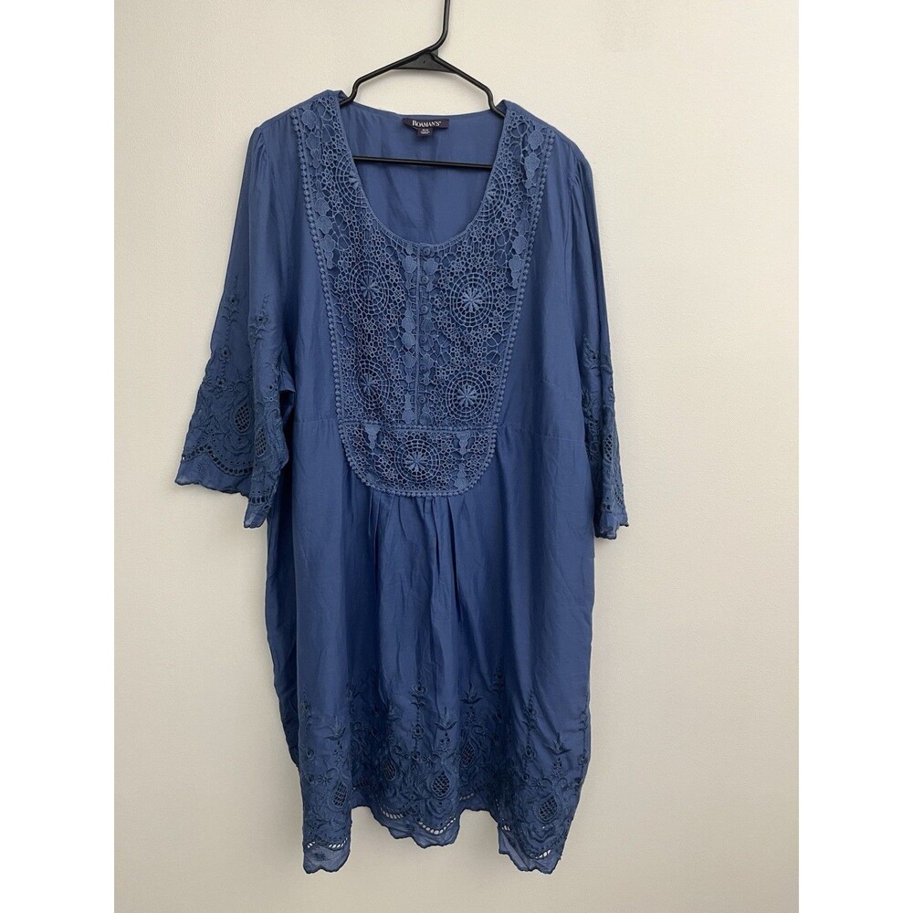 Roaman's Blue Size 26W Embroidered Lace Tunic Dress Boho Eyelet Crochet Plus